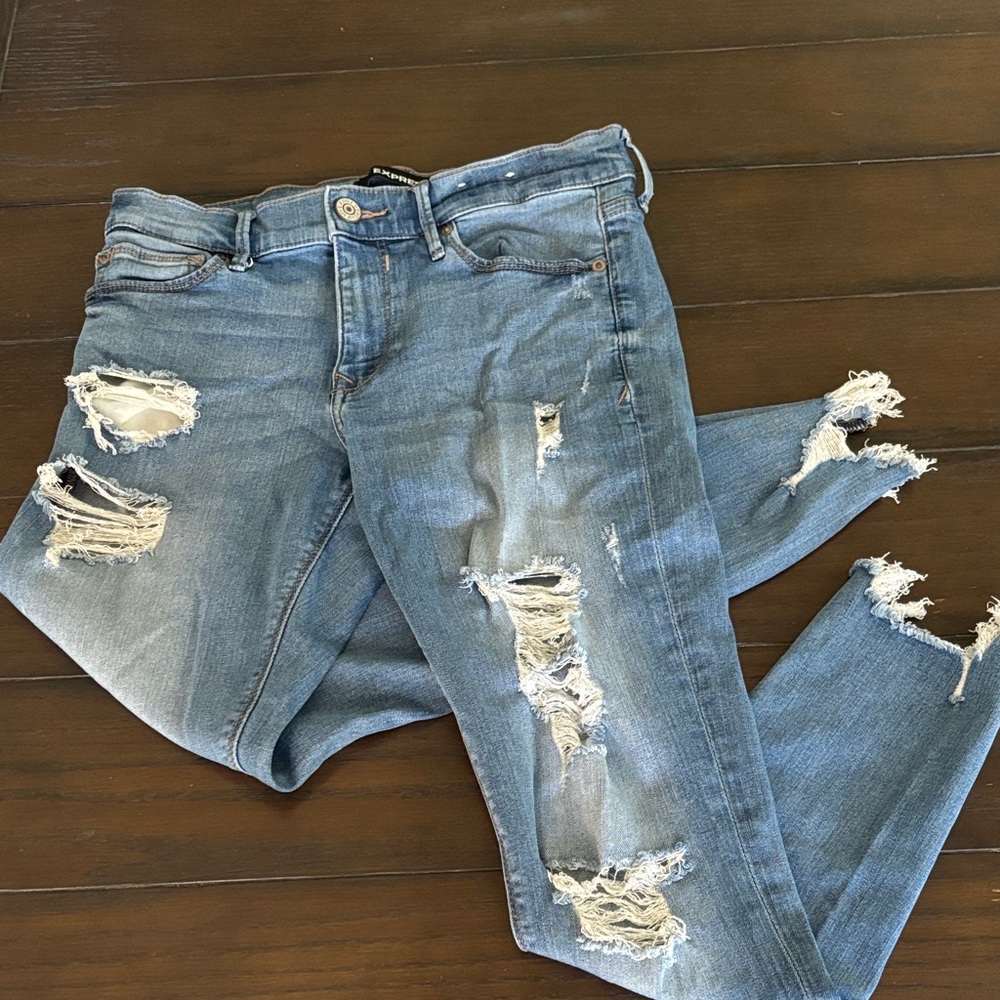 Express Light Blue Distressed Skinny Jeans